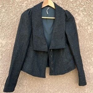 FREE People Wool Blend Blazer Jacket 0 Womens Herringbone Collar Neck Black Grey